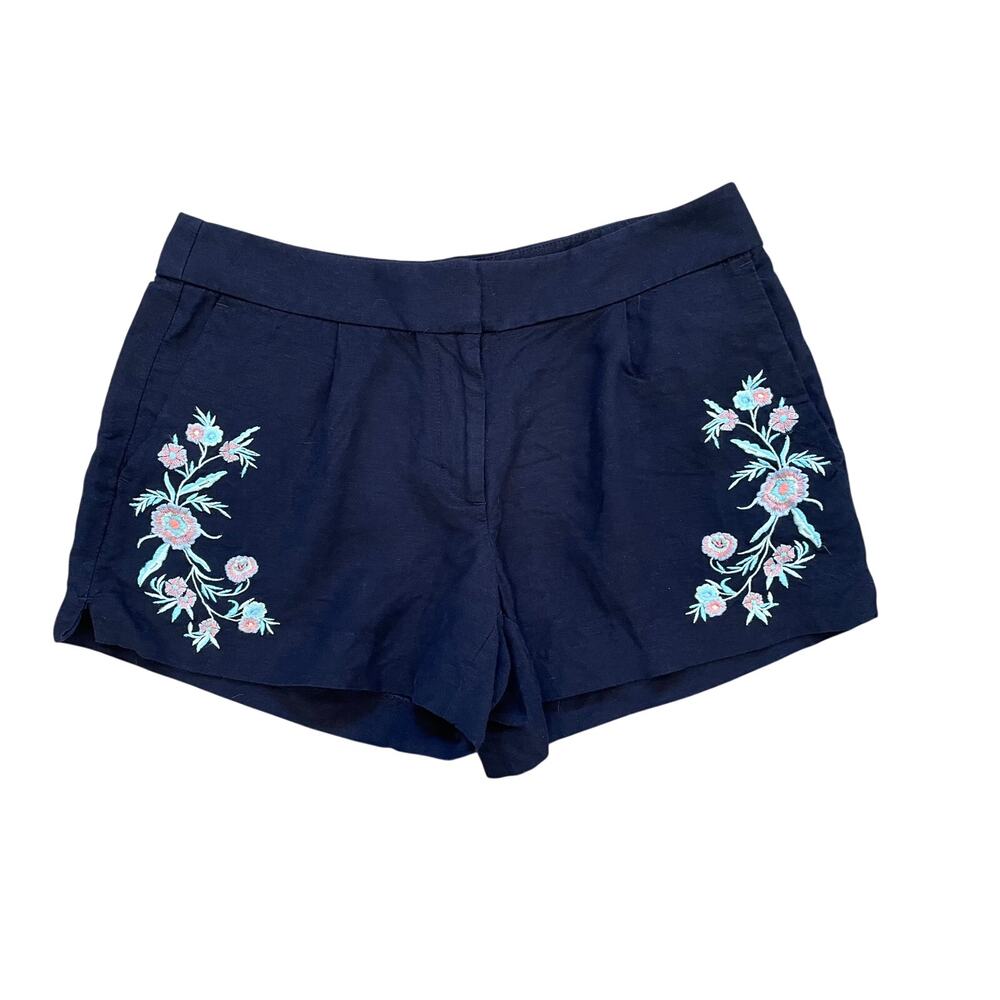 Ann Taylor LOFT Navy Shorts, Floral Embroidery, Linen Blend, Boho, Size 2